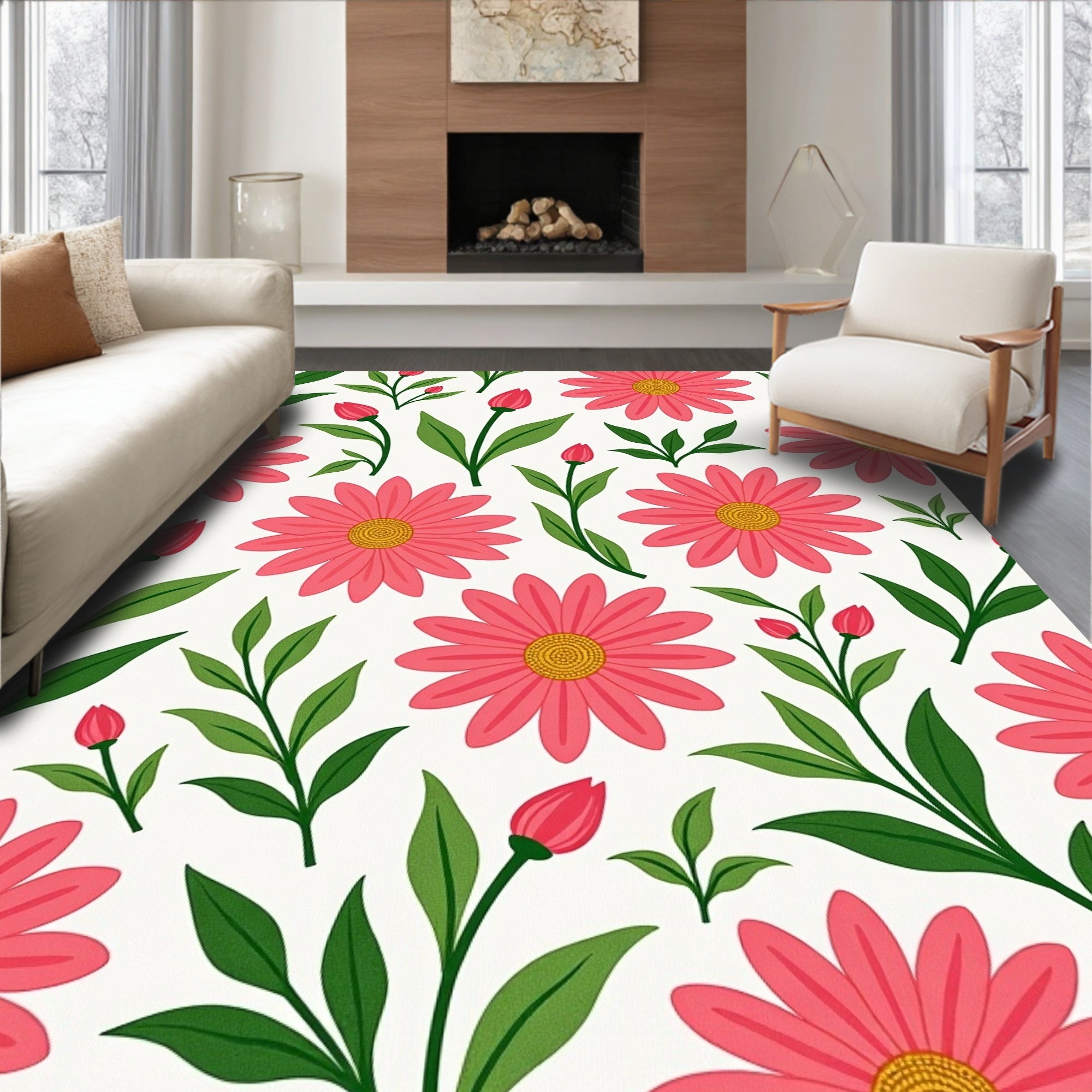 Pink Daisy Floral Pattern Rug