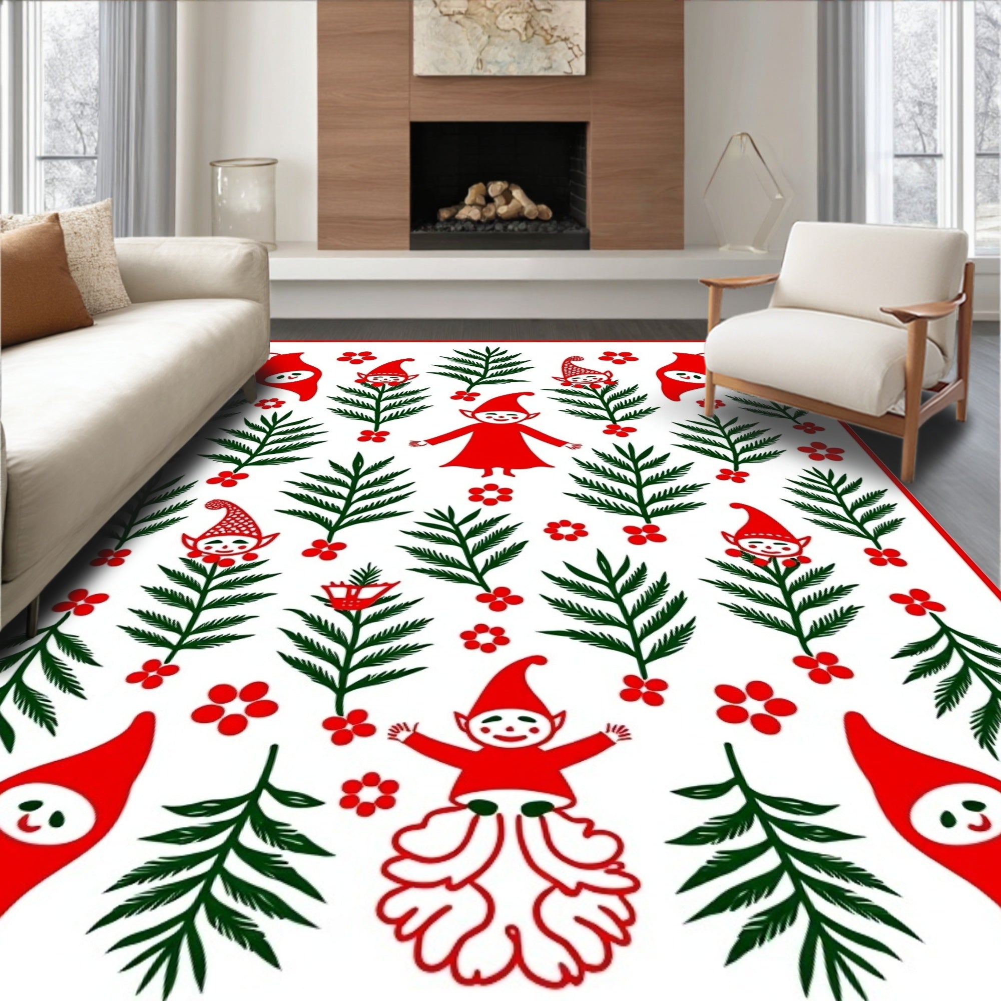 Red Green Elves Folklore Ferns Rug