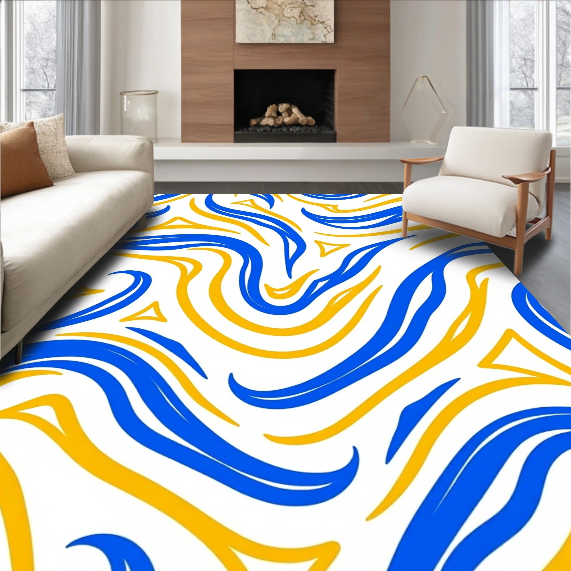 Blue Yellow Wavy Lines Design Rug