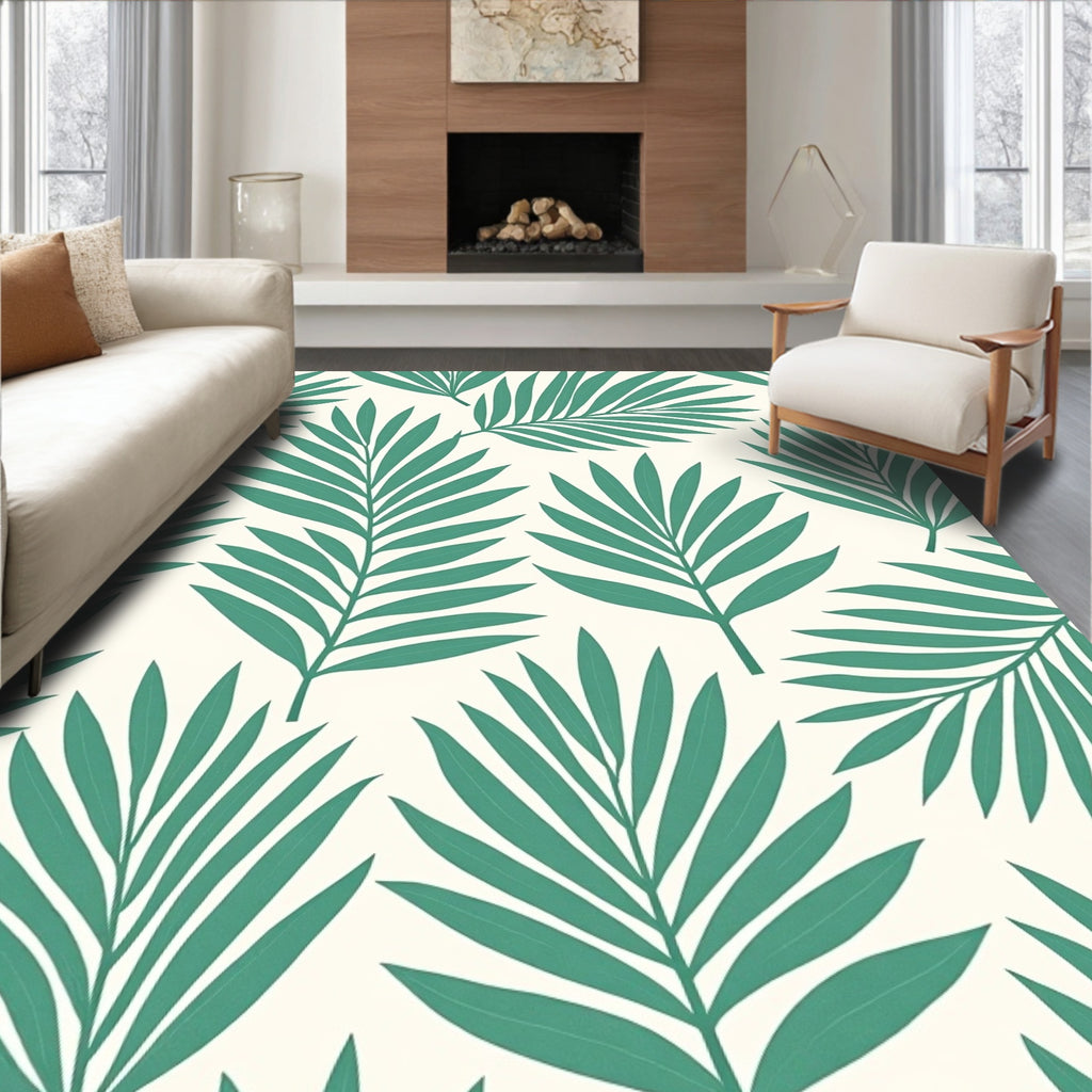 Teal Palm Leaf Patterned Rug