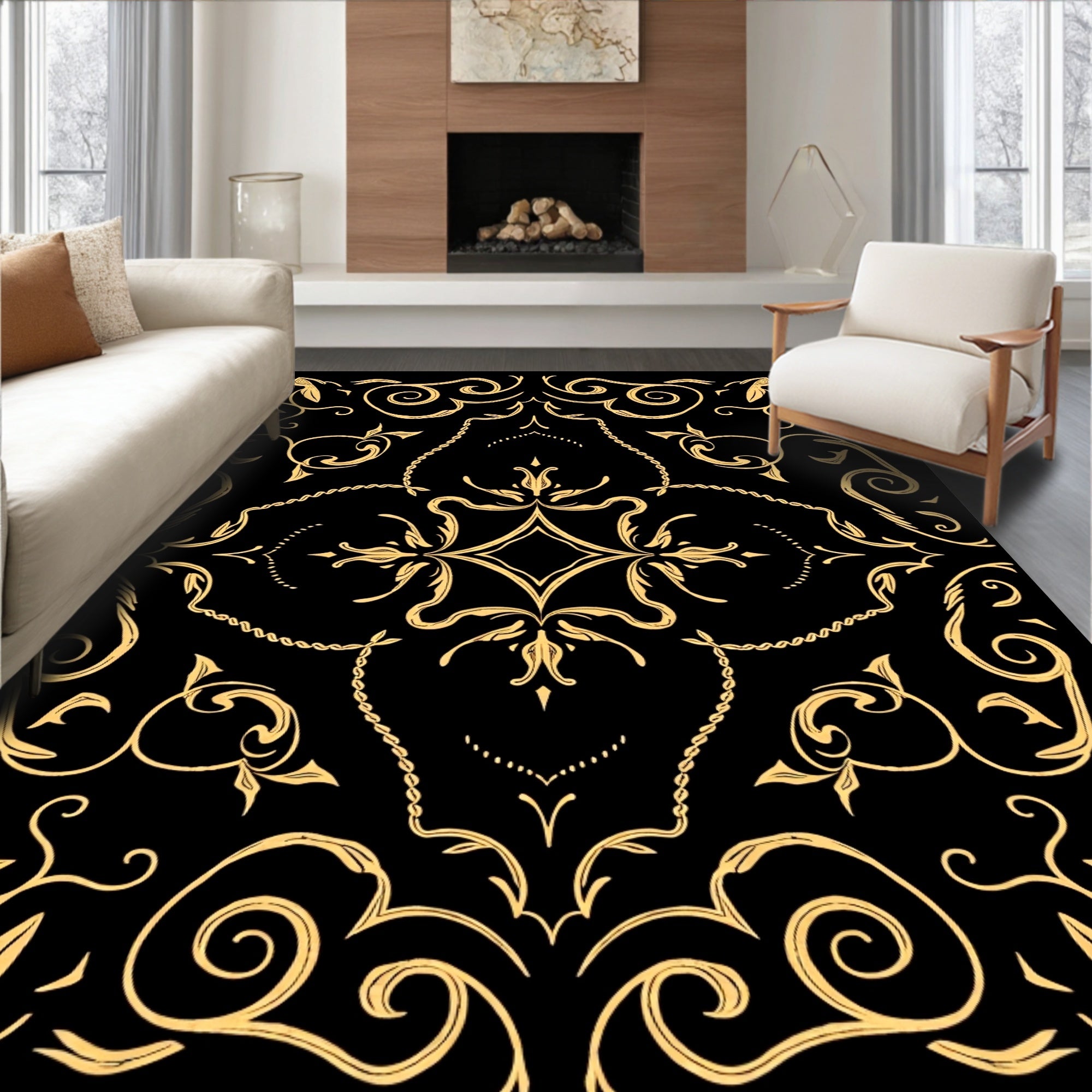Elegant Gold Scrollwork Floral Design Rug