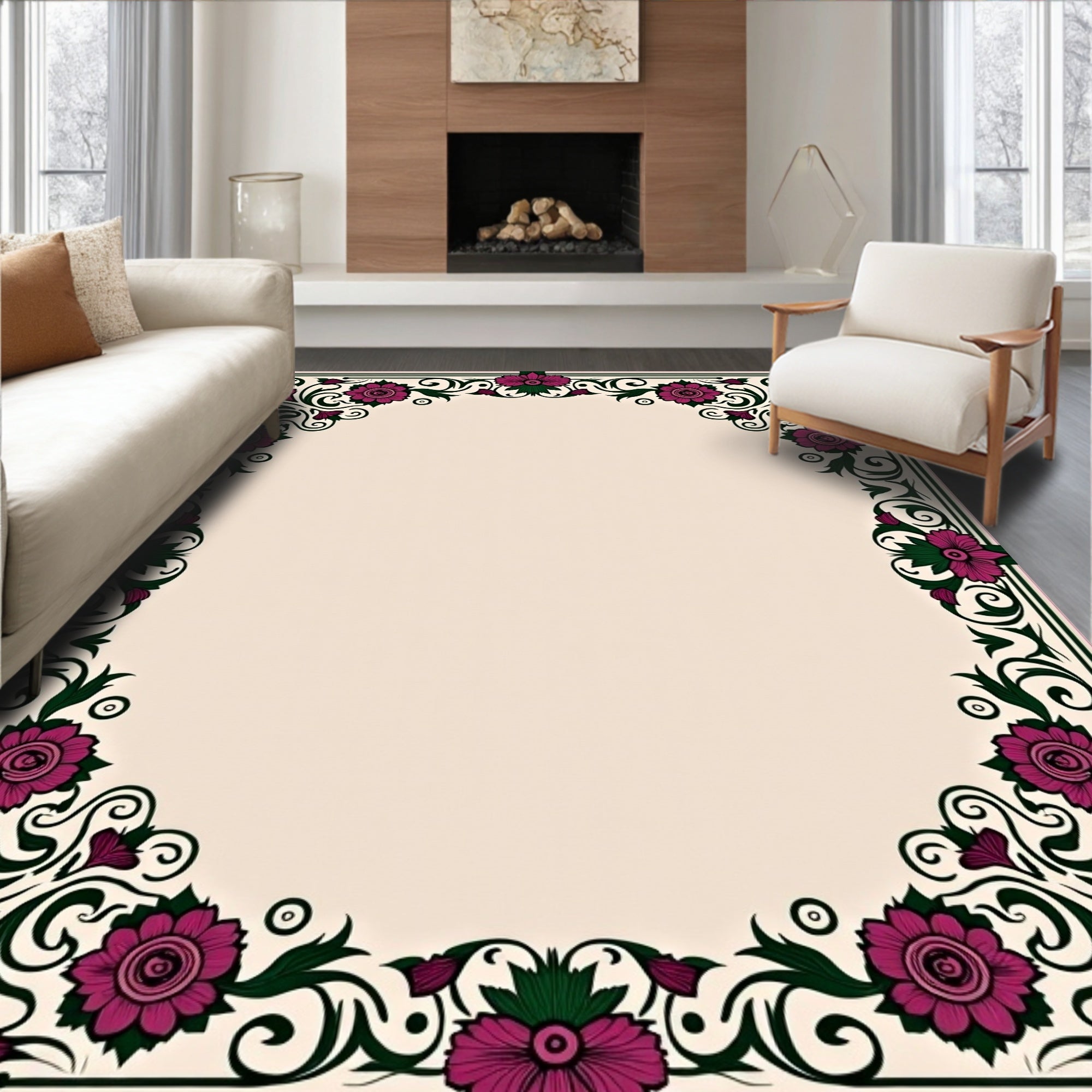 Ornate Floral Swirls Border Rug