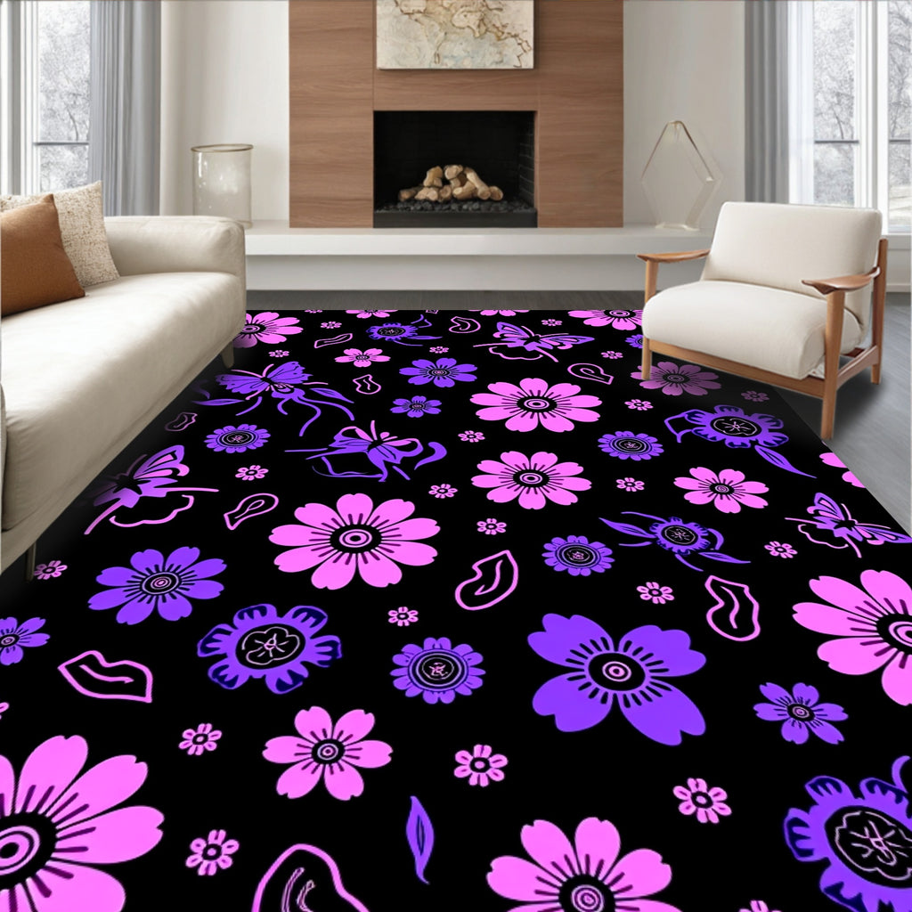 Whimsical Pink Purple Floral Butterfly Design Rug