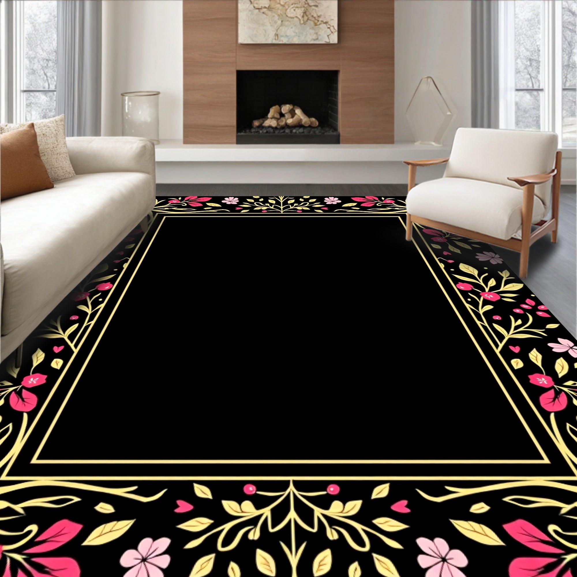 Golden Floral Pink Blossom Border Rug