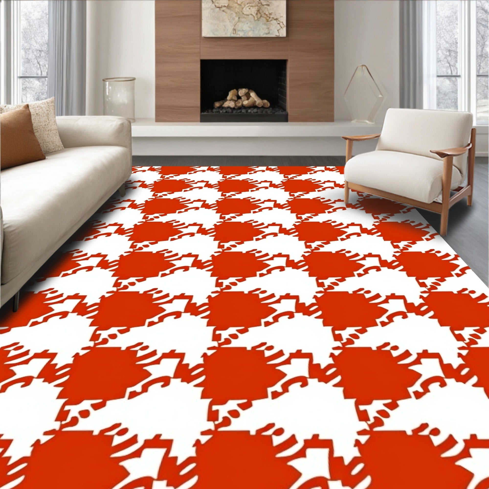 Classic Houndstooth Red Patterned Rug
