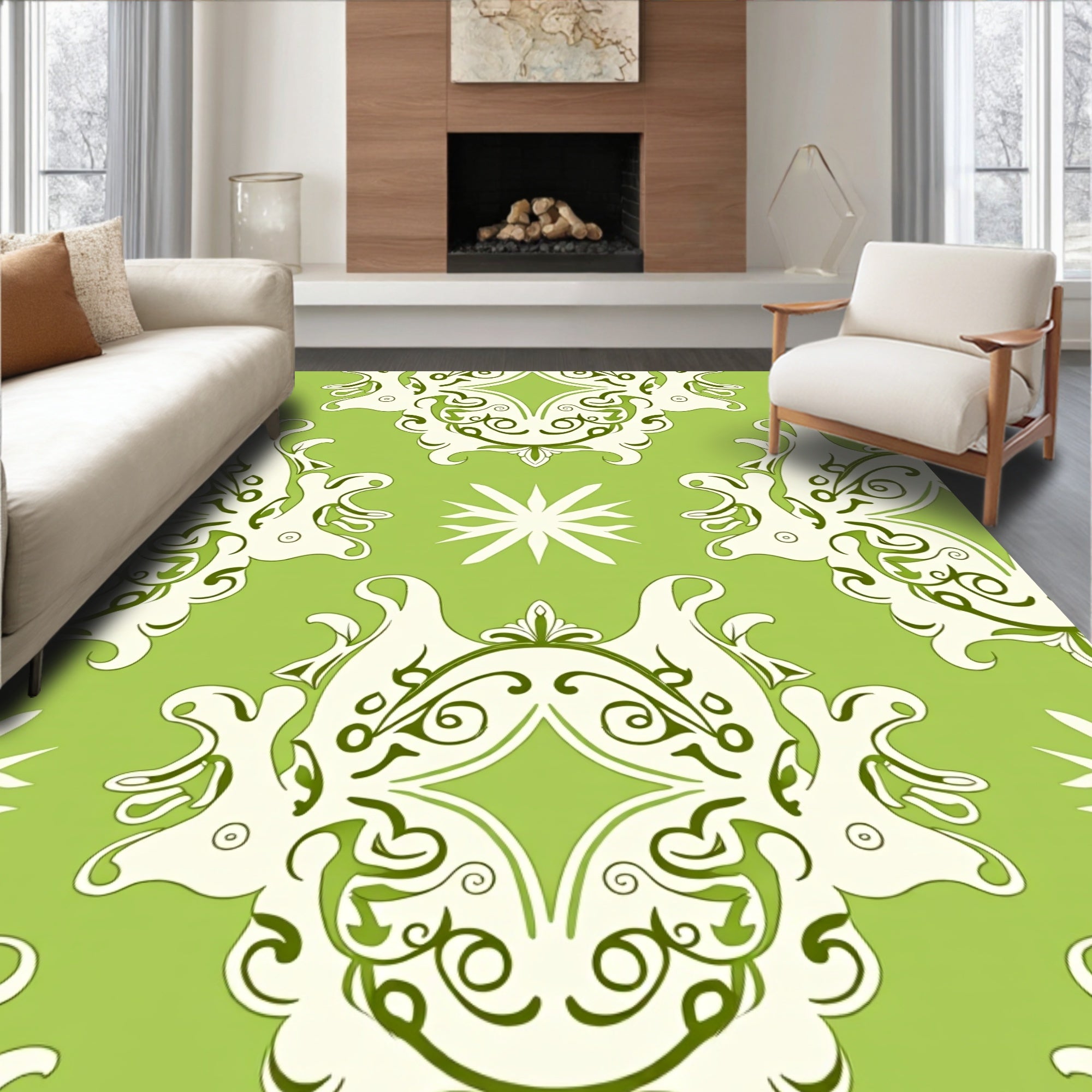 Nature Inspired Baroque Green Scroll Rug