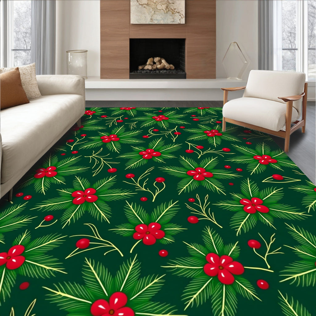 Festive Red Berry Evergreen Sprig Rug