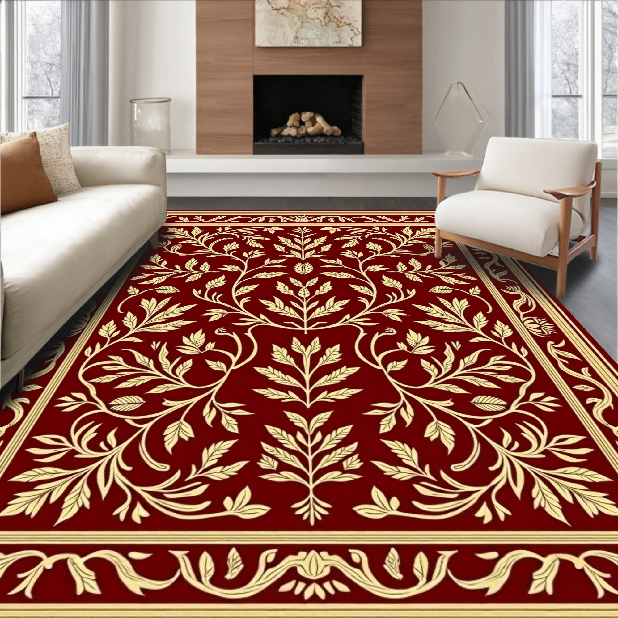 Ornate Cream Golden Floral Vines Rug