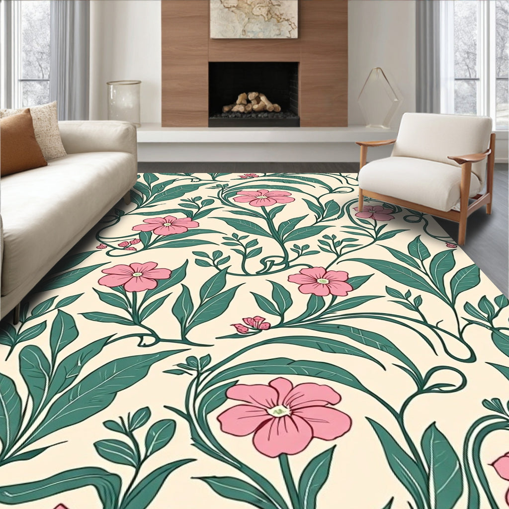 Floral vine pattern in pink and green Rug