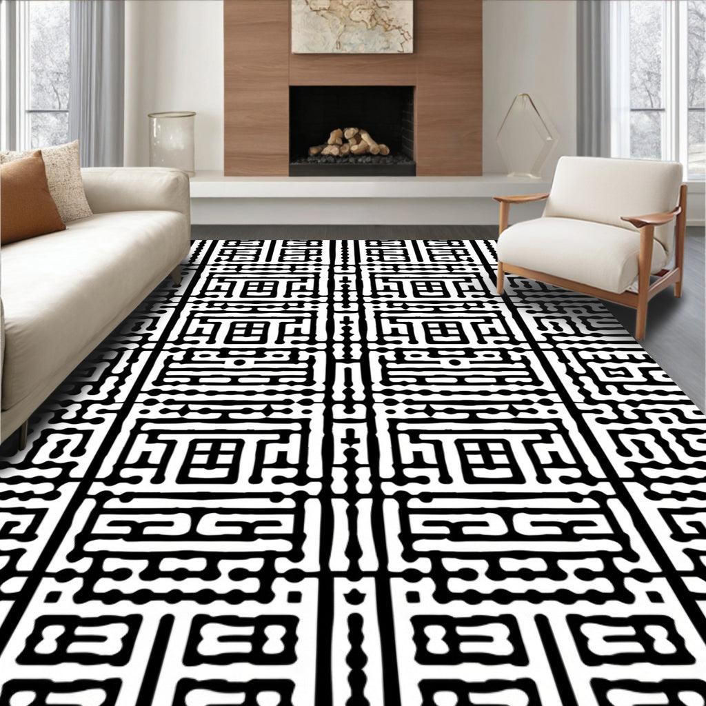 Monochrome Maze Patterned Abstract Rug