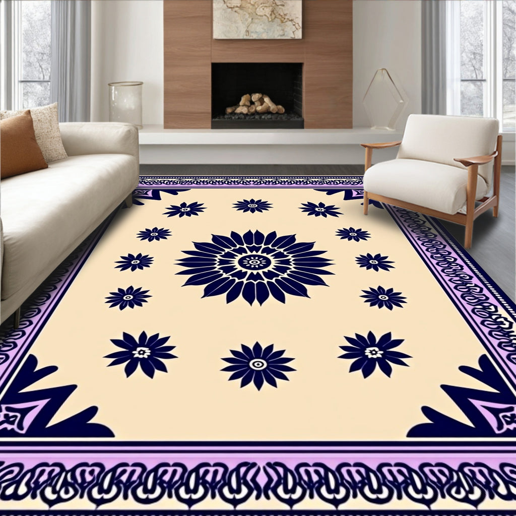Navy Floral Bordered Ivory Rug