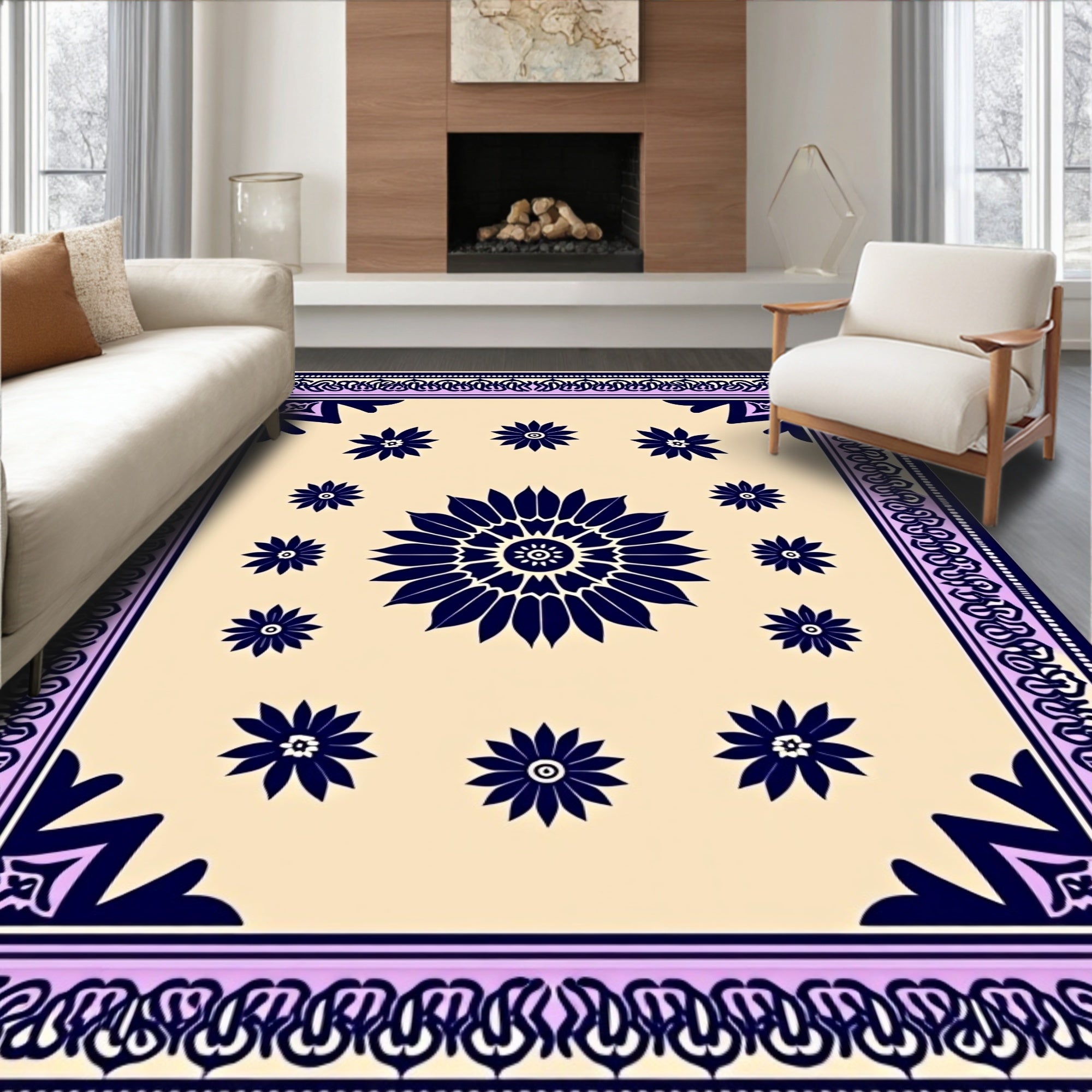 Navy Floral Bordered Ivory Rug