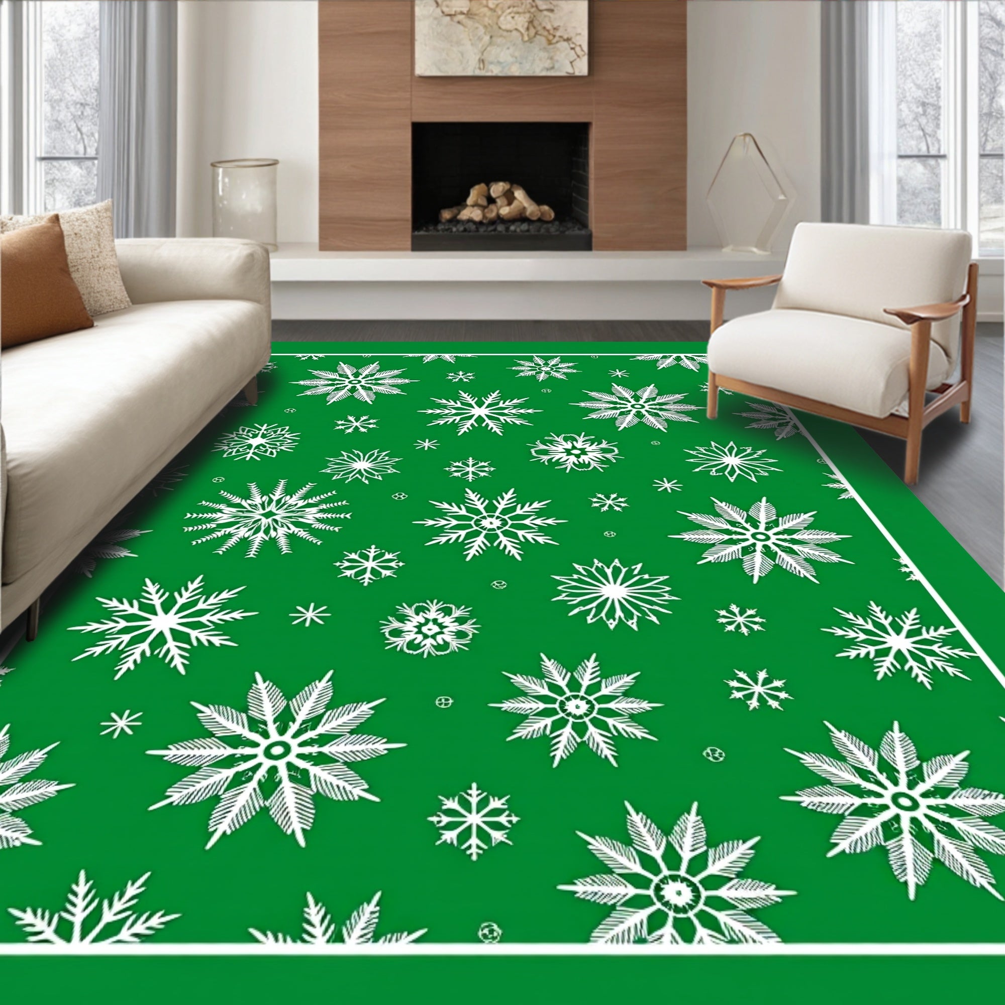 Festive Snowflake Pattern on Green Background Rug