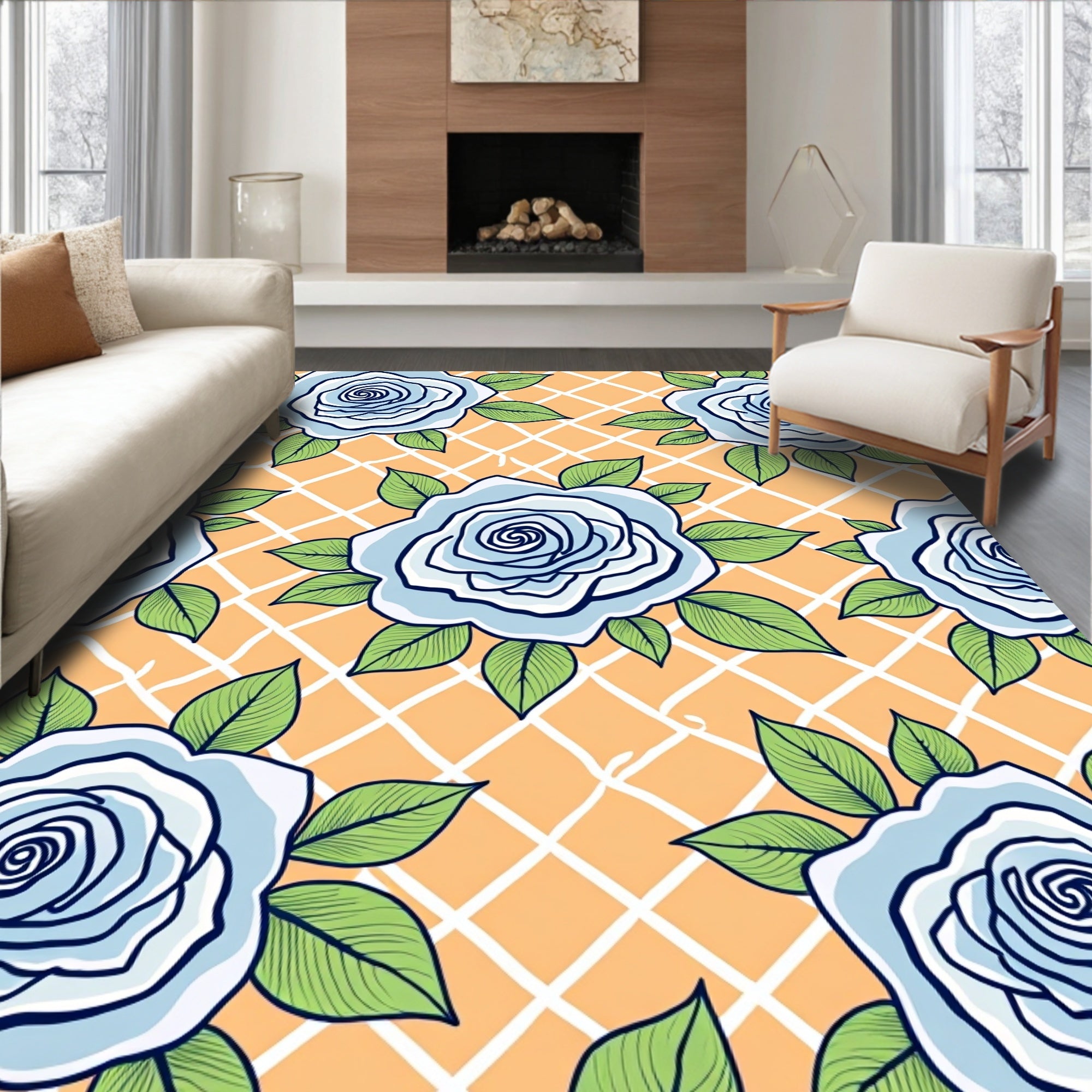 Light Blue Rose Garden Pattern Rug