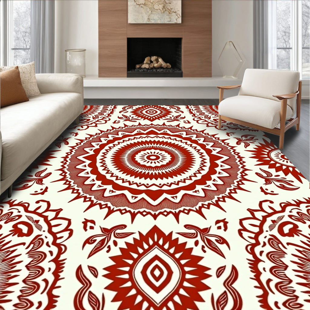 Intricate Red Floral Mandala Pattern Rug