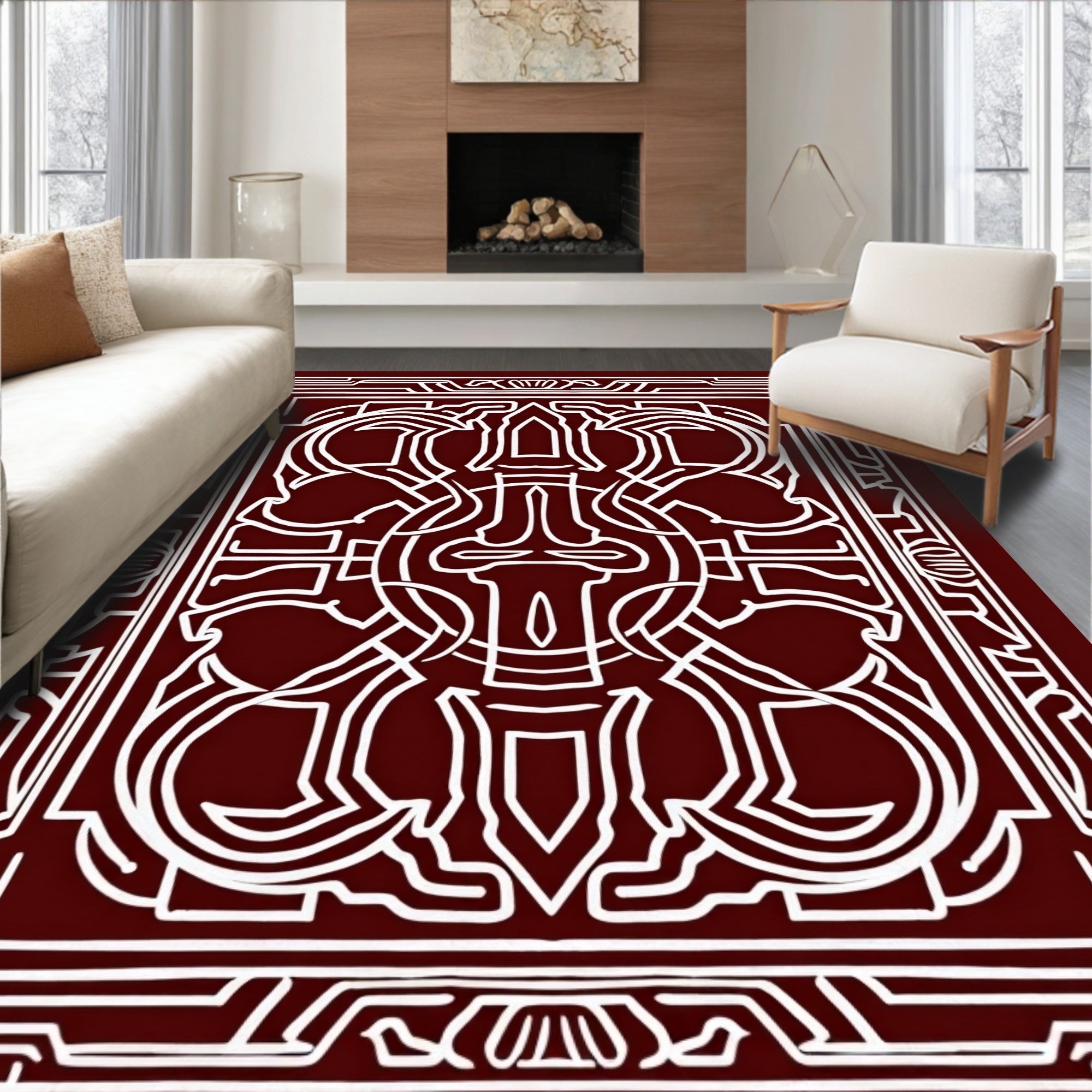 Ornate White Geometric Mandala Rug