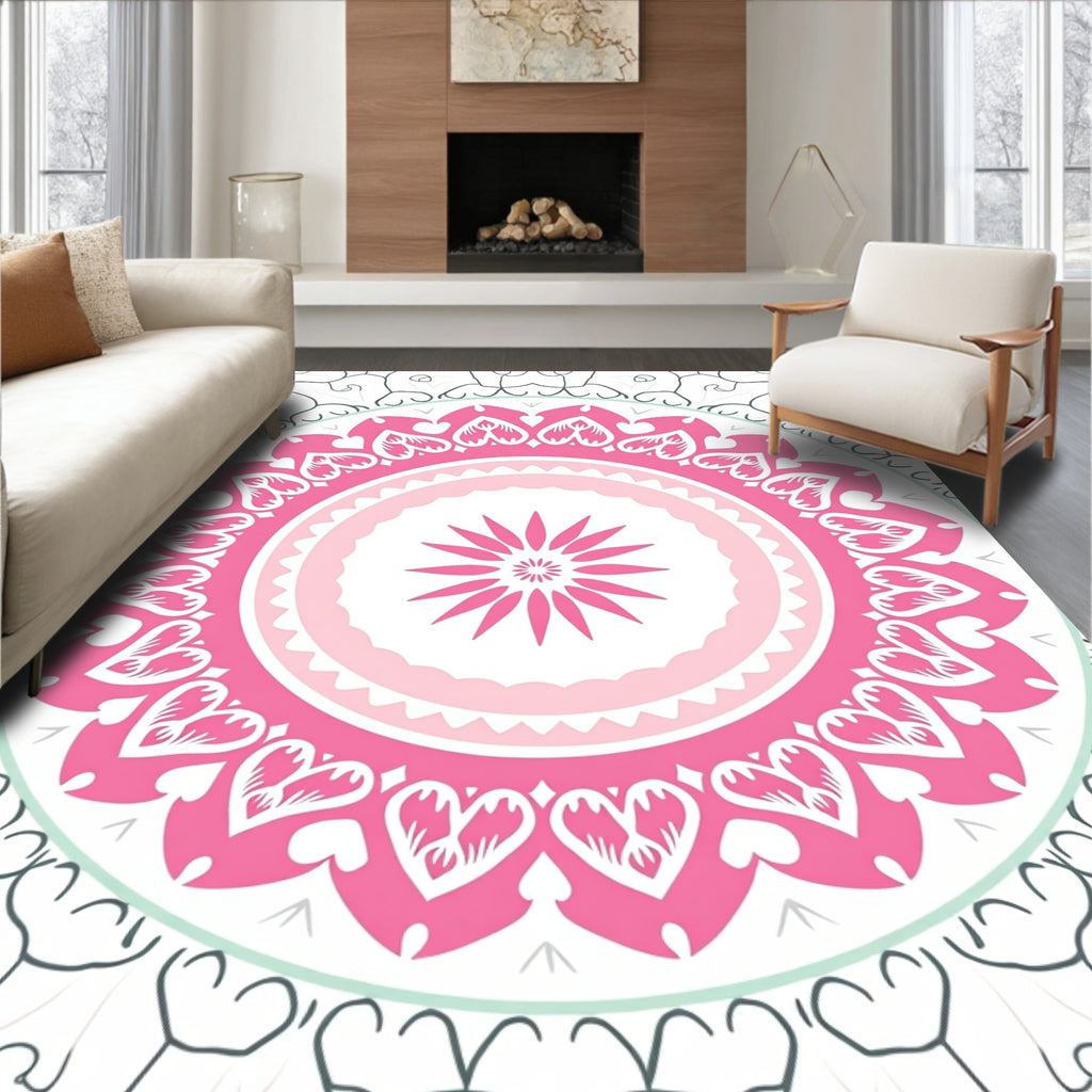 Pink Heart Mandala Floral Design Rug