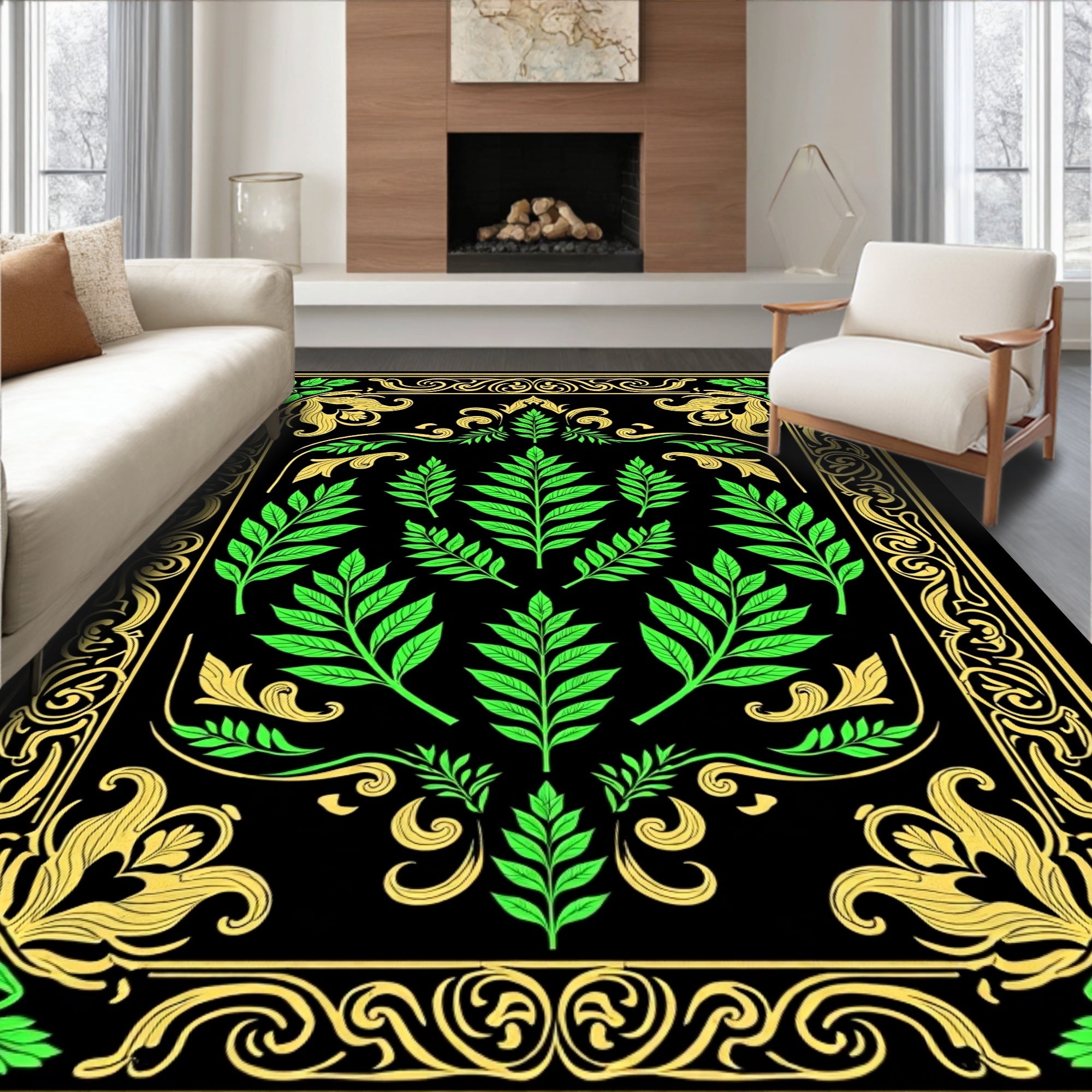 Ornate Green Gold Floral Motif Rug