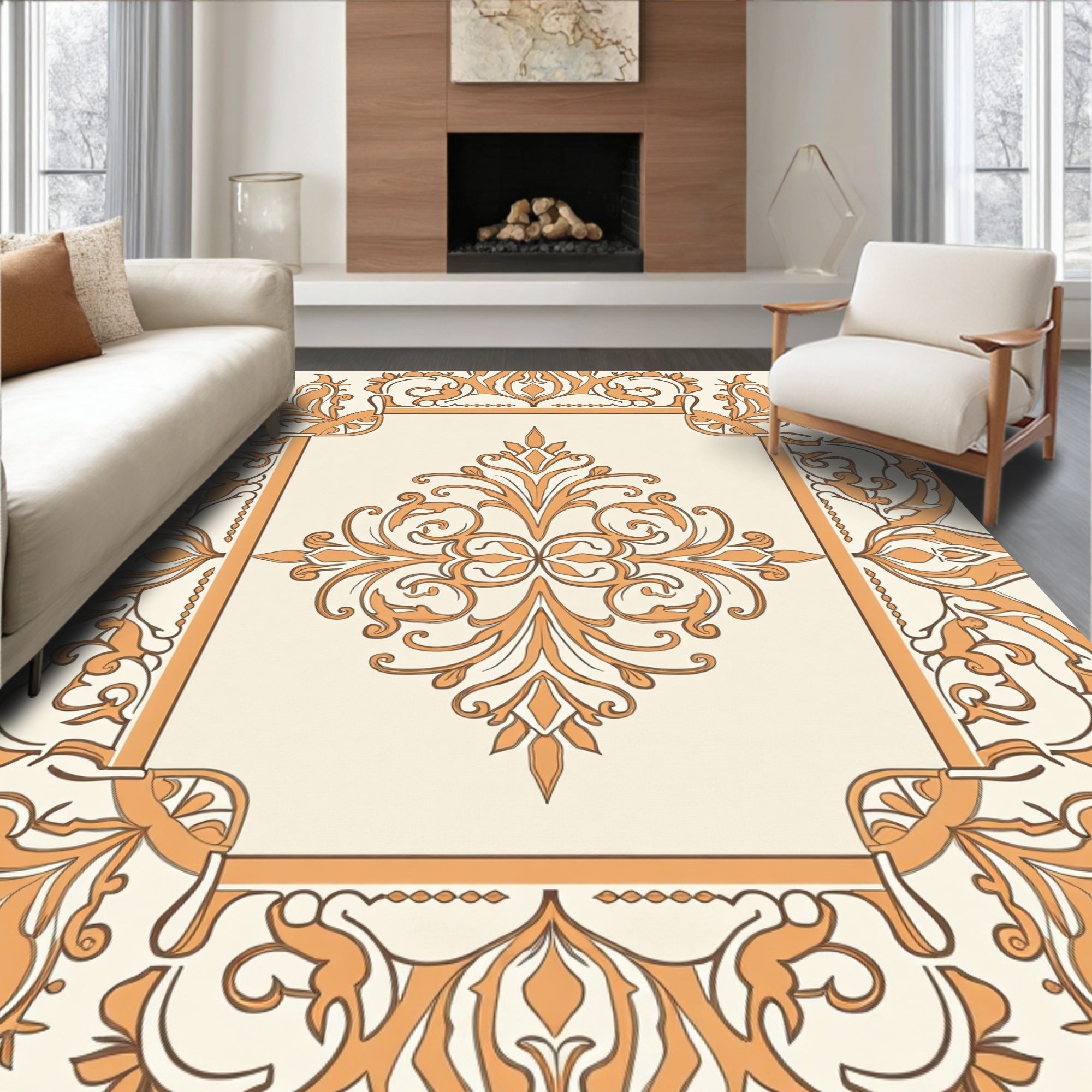 Elegant Orange Floral Scrollwork Design Rug