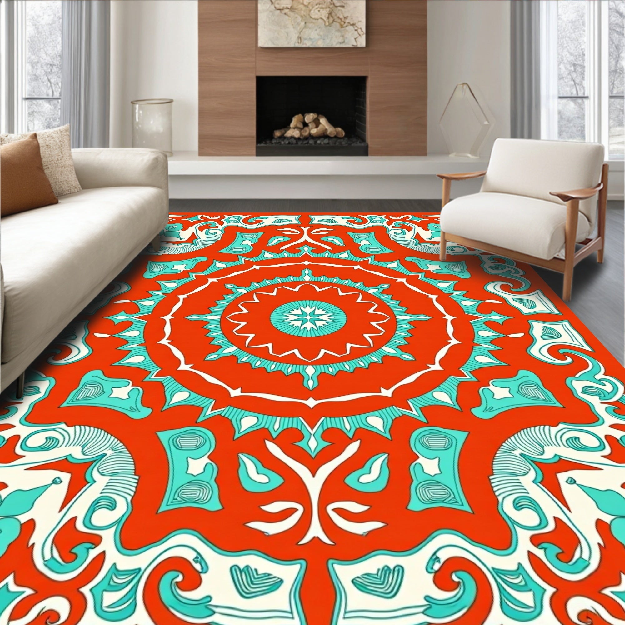 Ornate Teal White Mandala Design Rug
