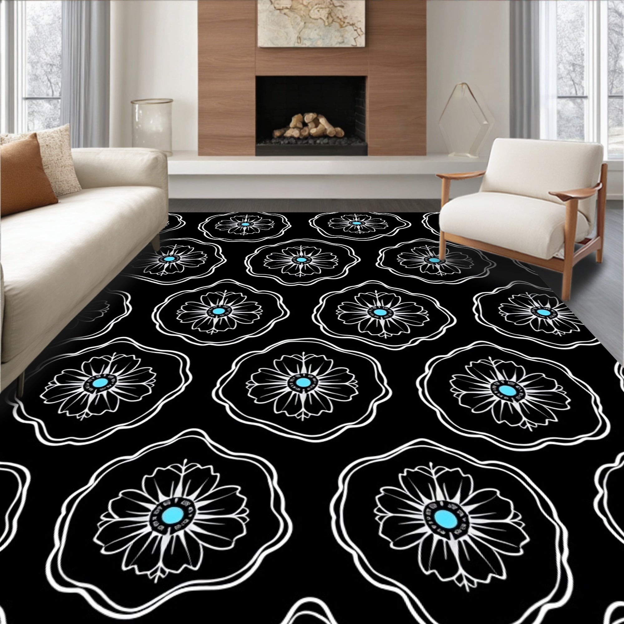 Black White Floral Blue Center Bloom Rug