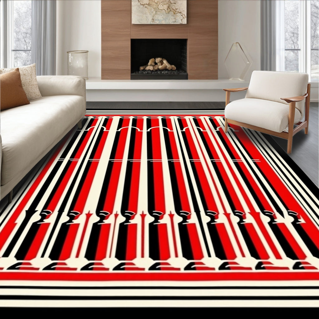 Bold Red Black Stripe Arch Pattern Rug
