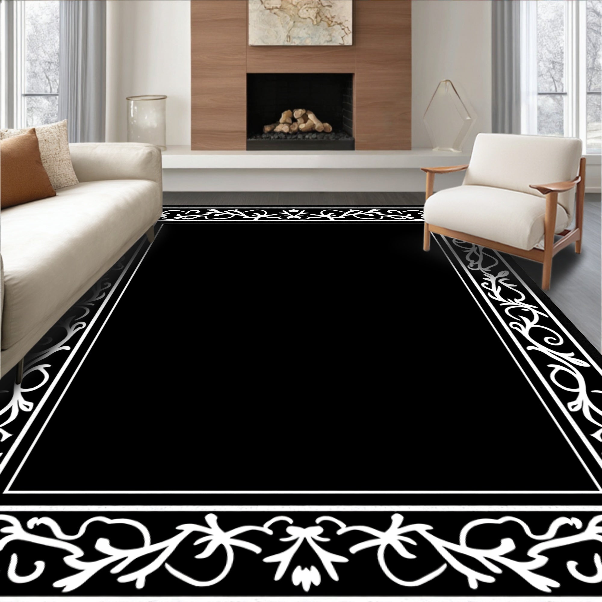Black White Scrollwork Floral Border Rug