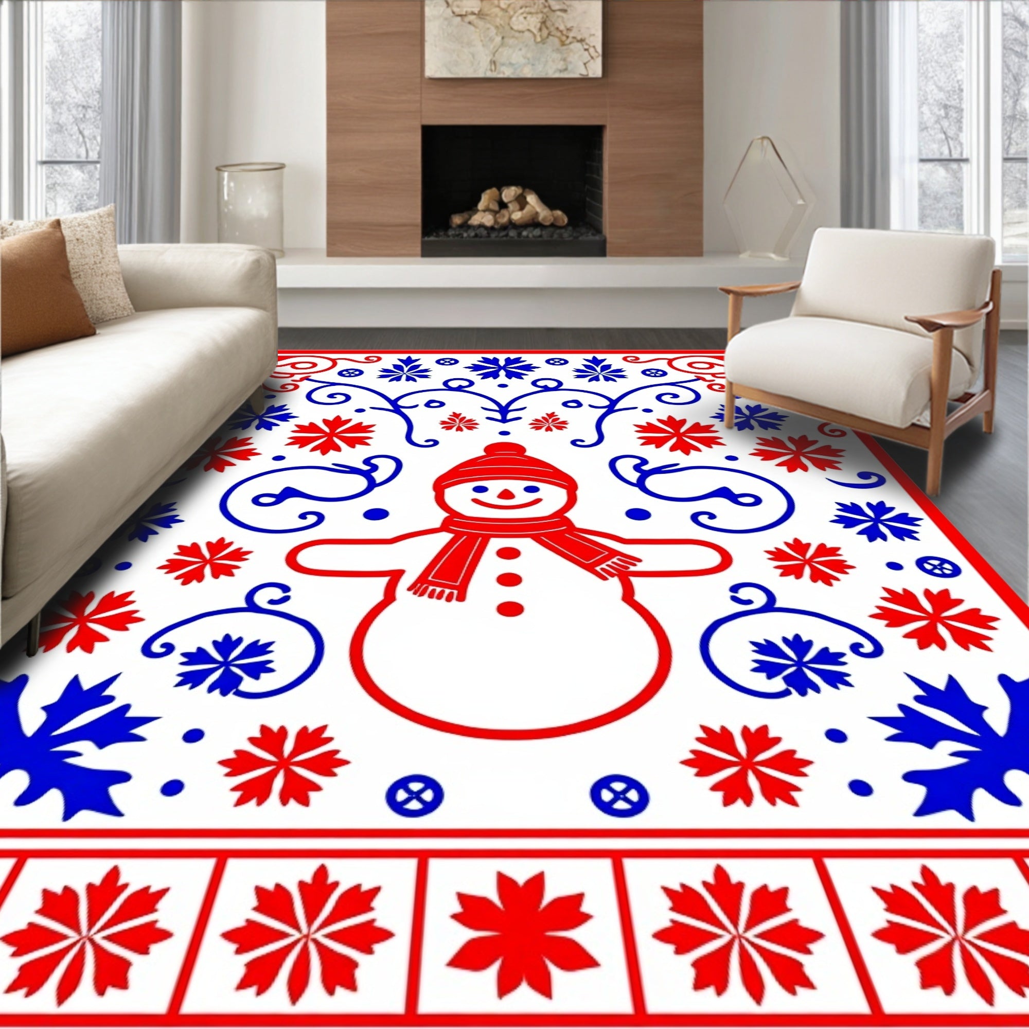 Red Blue Snowman Snowflake Border Rug