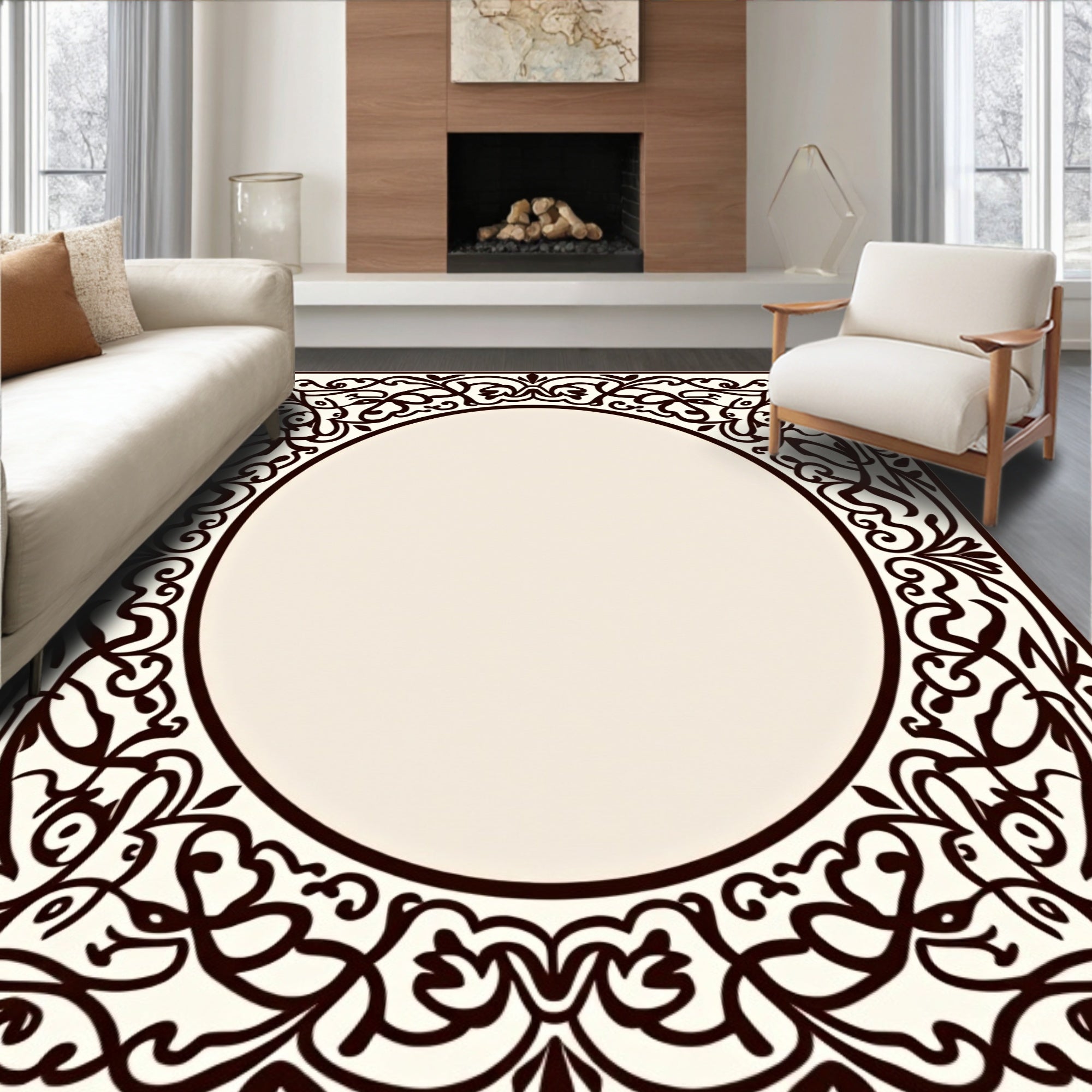 Ornate Black Floral Scrollwork Design Rug