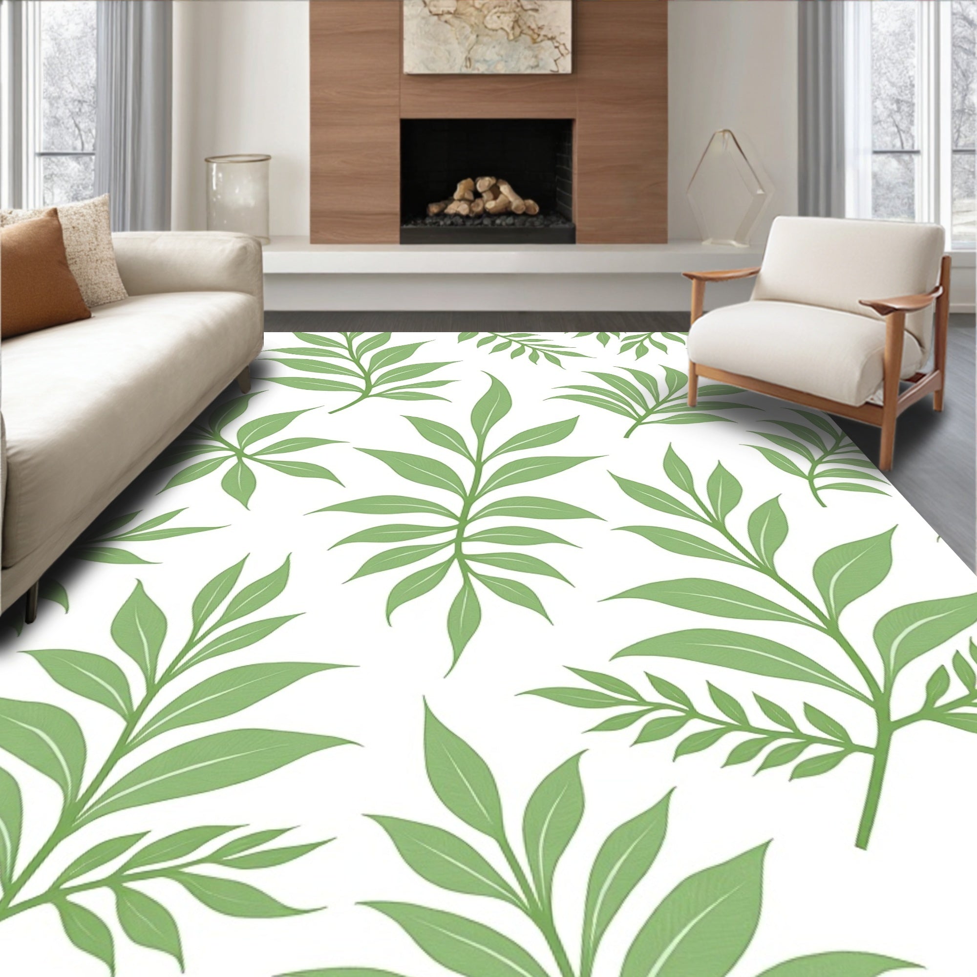 Delicate Green Leaf Pattern Rug