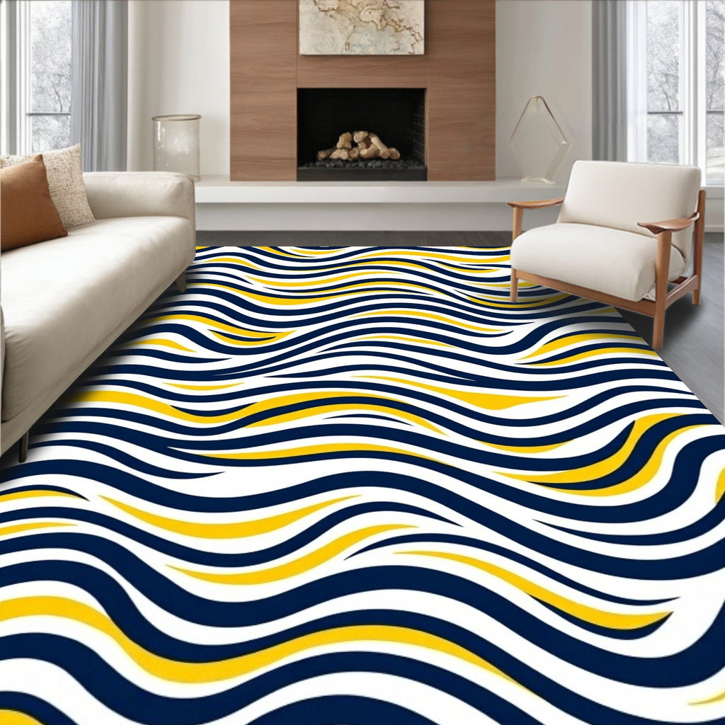 Navy Yellow Wavy Stripes Pattern Rug