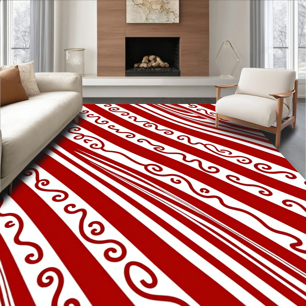 Diagonal Red White Swirl Pattern Rug