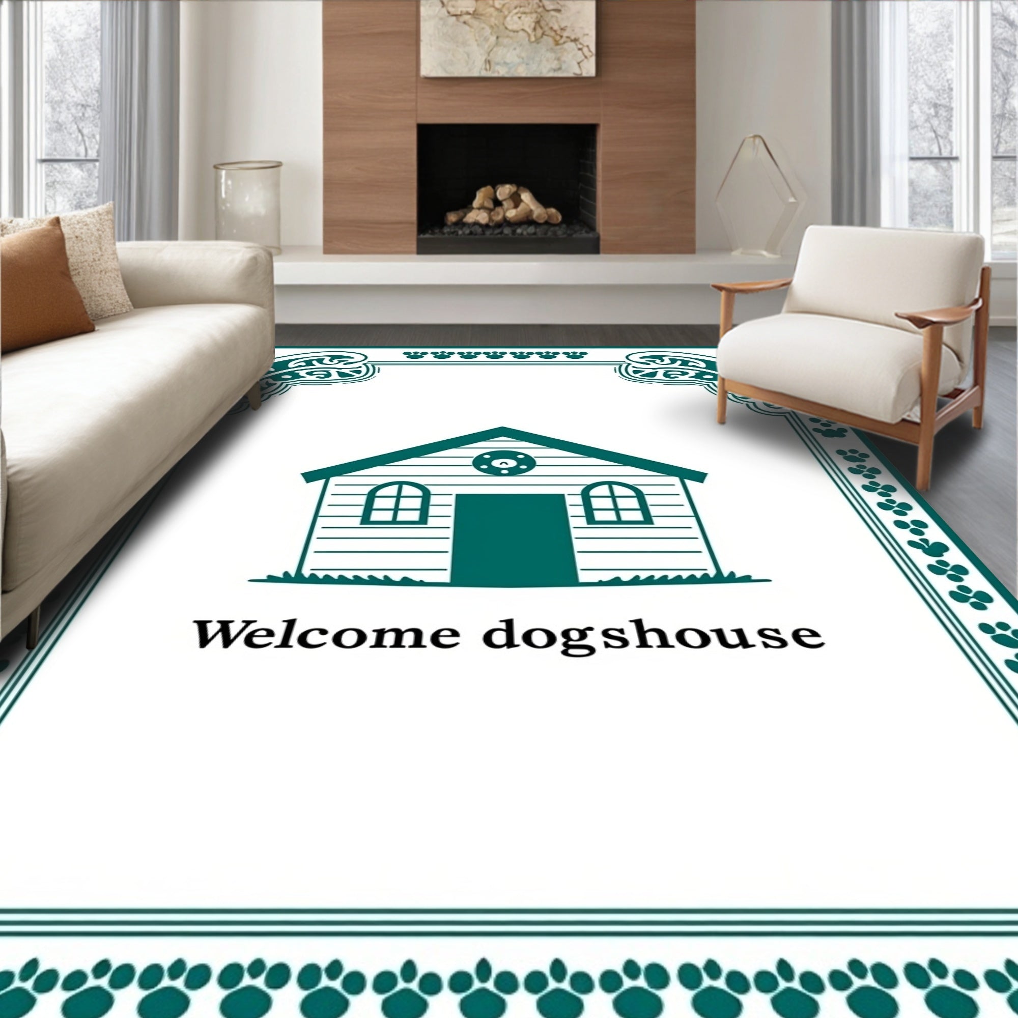 Green Paw Print Doghouse Design Rug