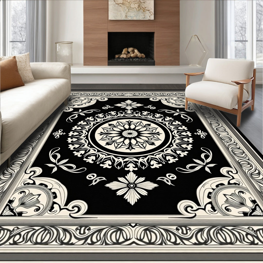 Classic Black White Floral Medallion Border Rug