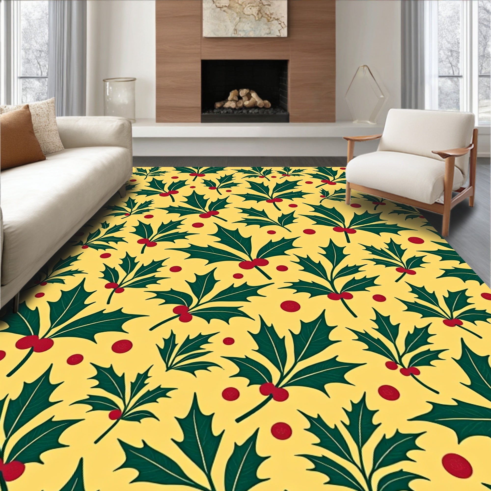 Festive Holly Berry Leaf Pattern Rug