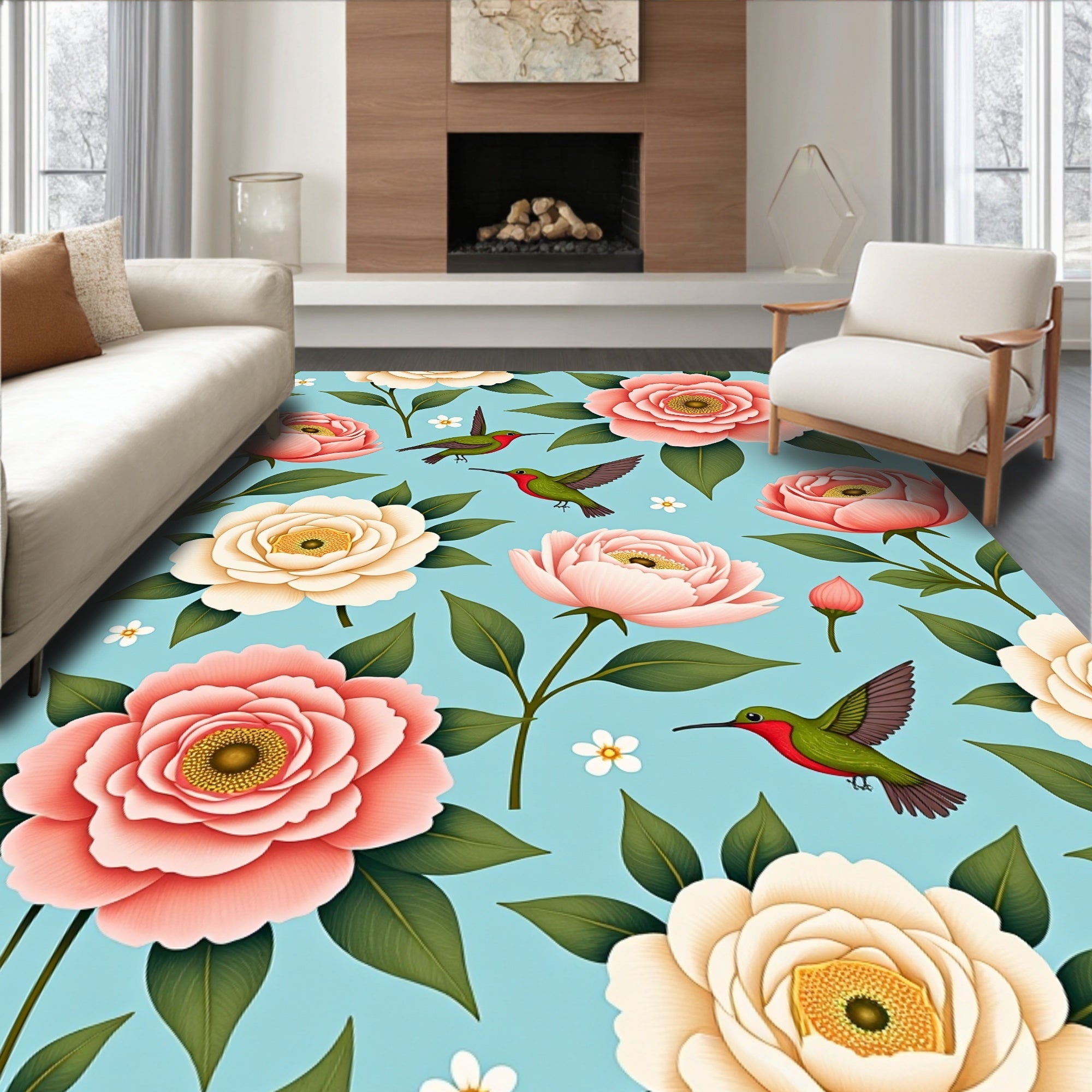 Floral Hummingbird Patterned Aqua Rug