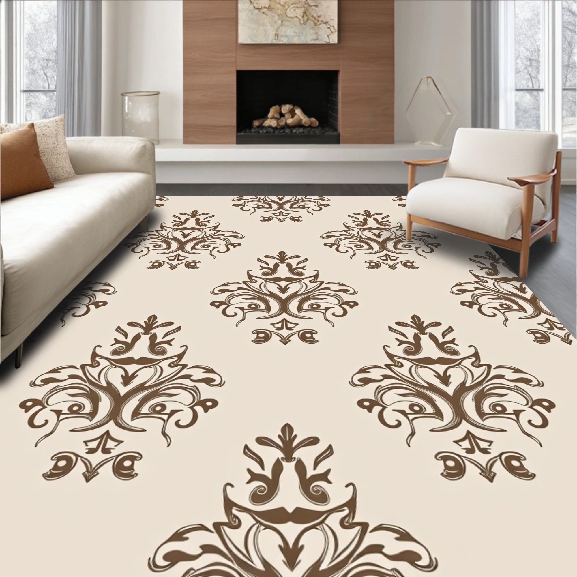 Ornate Damask Brown Classic Pattern Rug