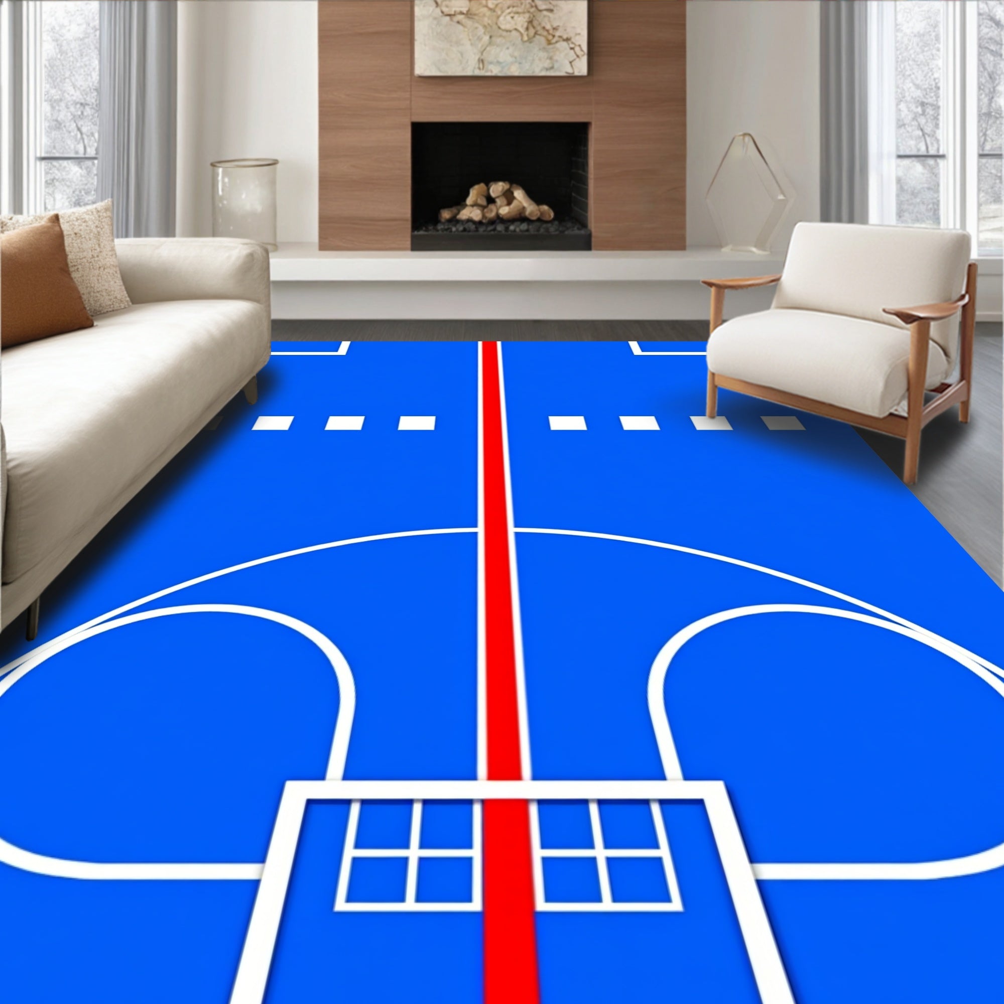 Bold Blue Red Geometric Court Design Rug