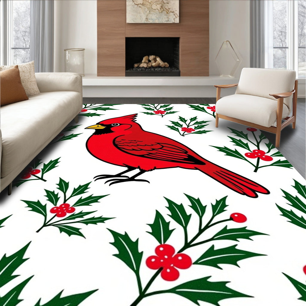 Bright Red Cardinal Holly Pattern Rug