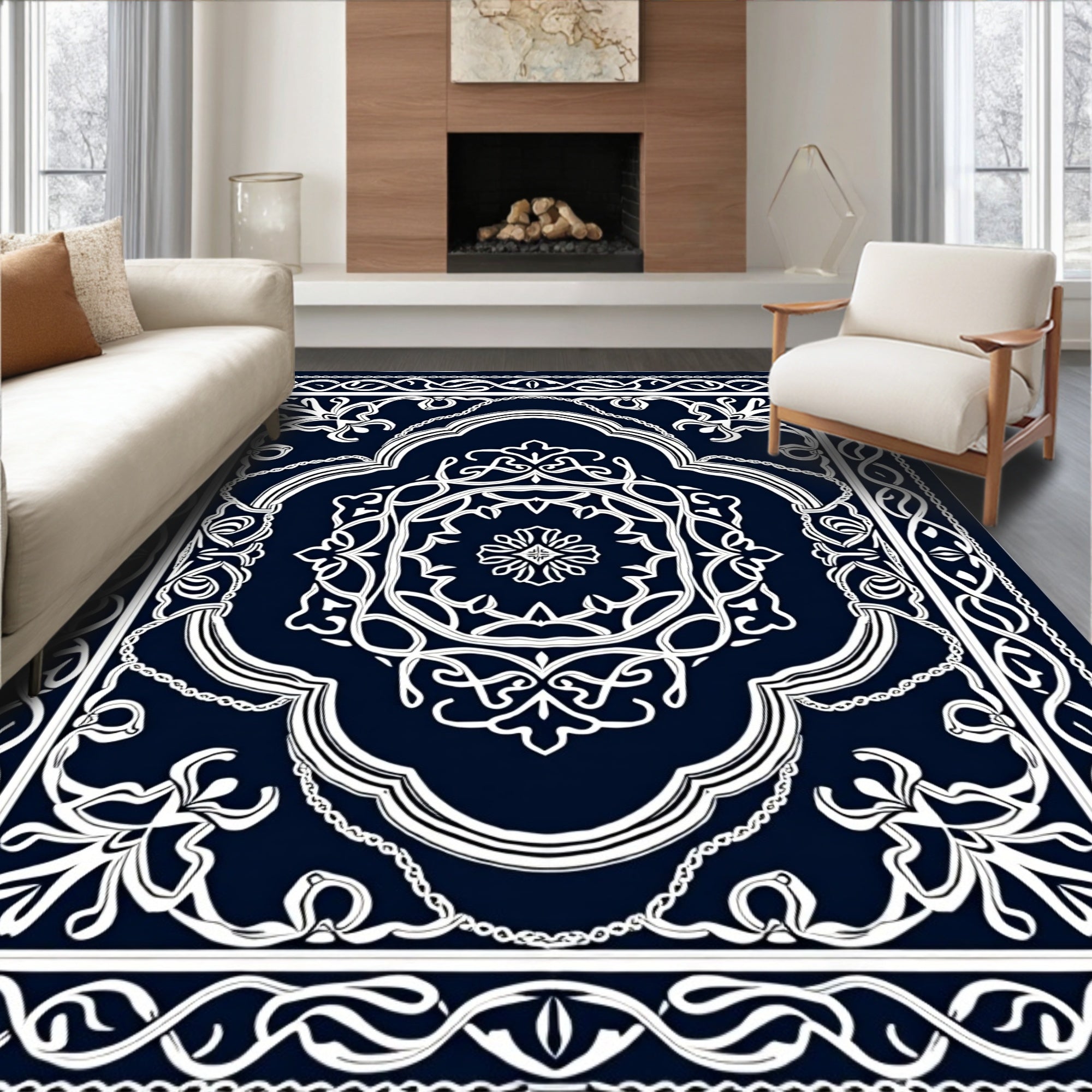 Ornate White Floral Lattice Dark Rug