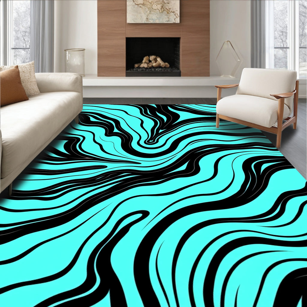 Black Aqua Wavy Abstract Pattern Rug
