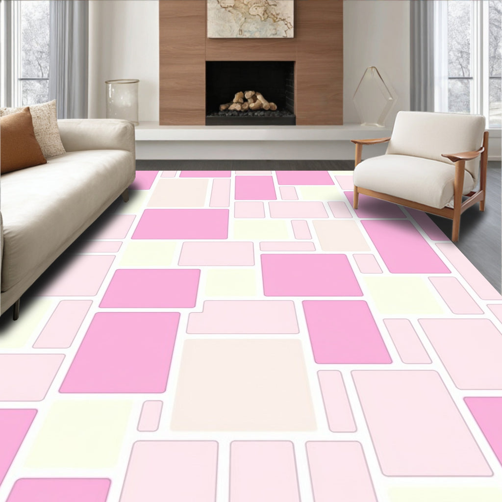 Geometric Pink Ivory Tile Pattern Rug