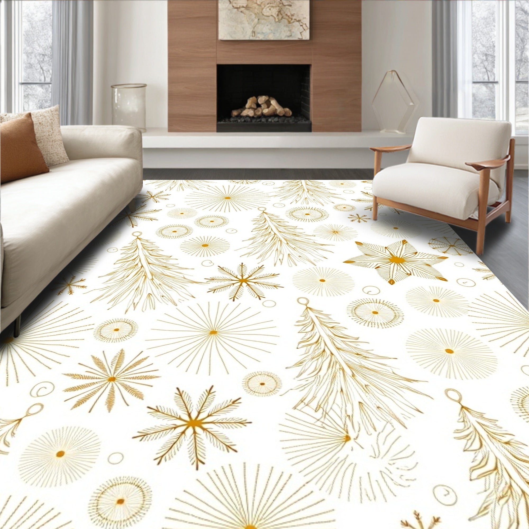 Gold Starburst Snowflake Christmas Trees Rug