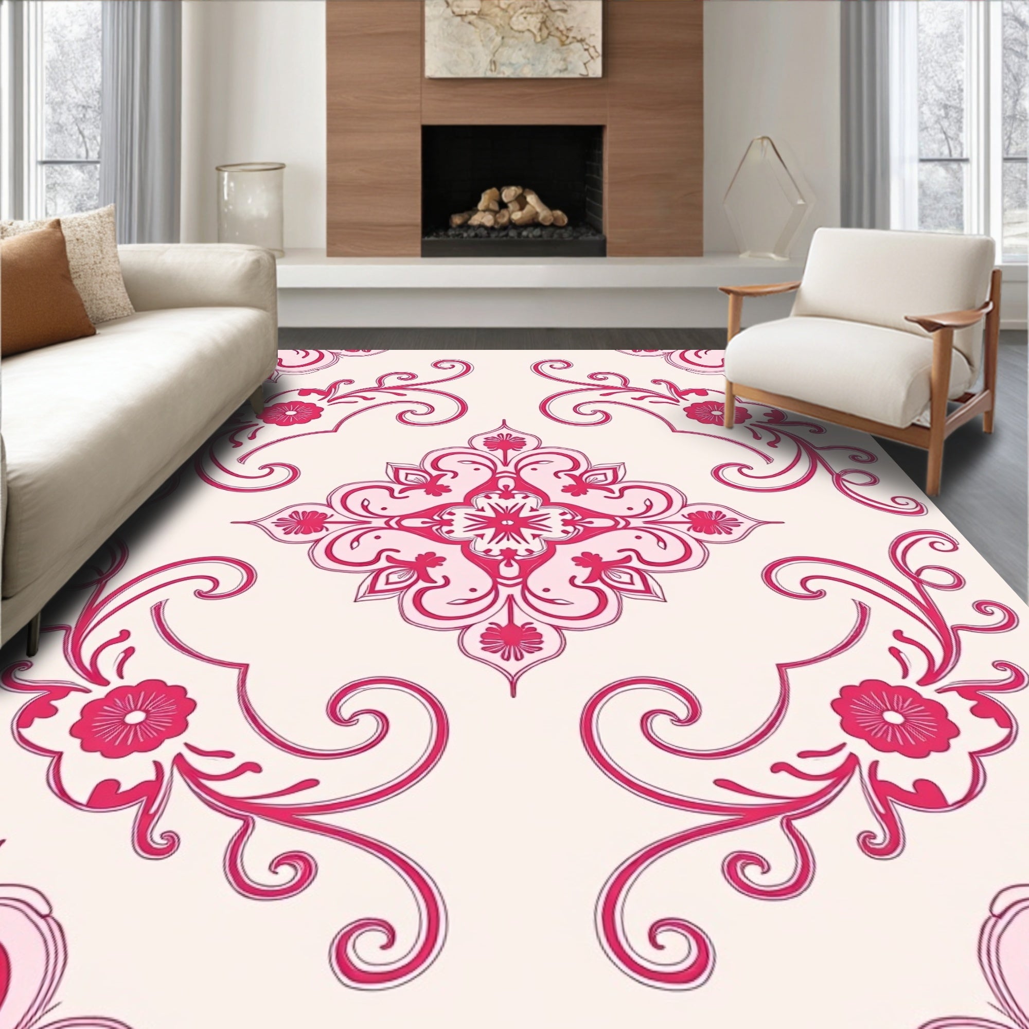 Pink Floral Scrollwork Design Rug