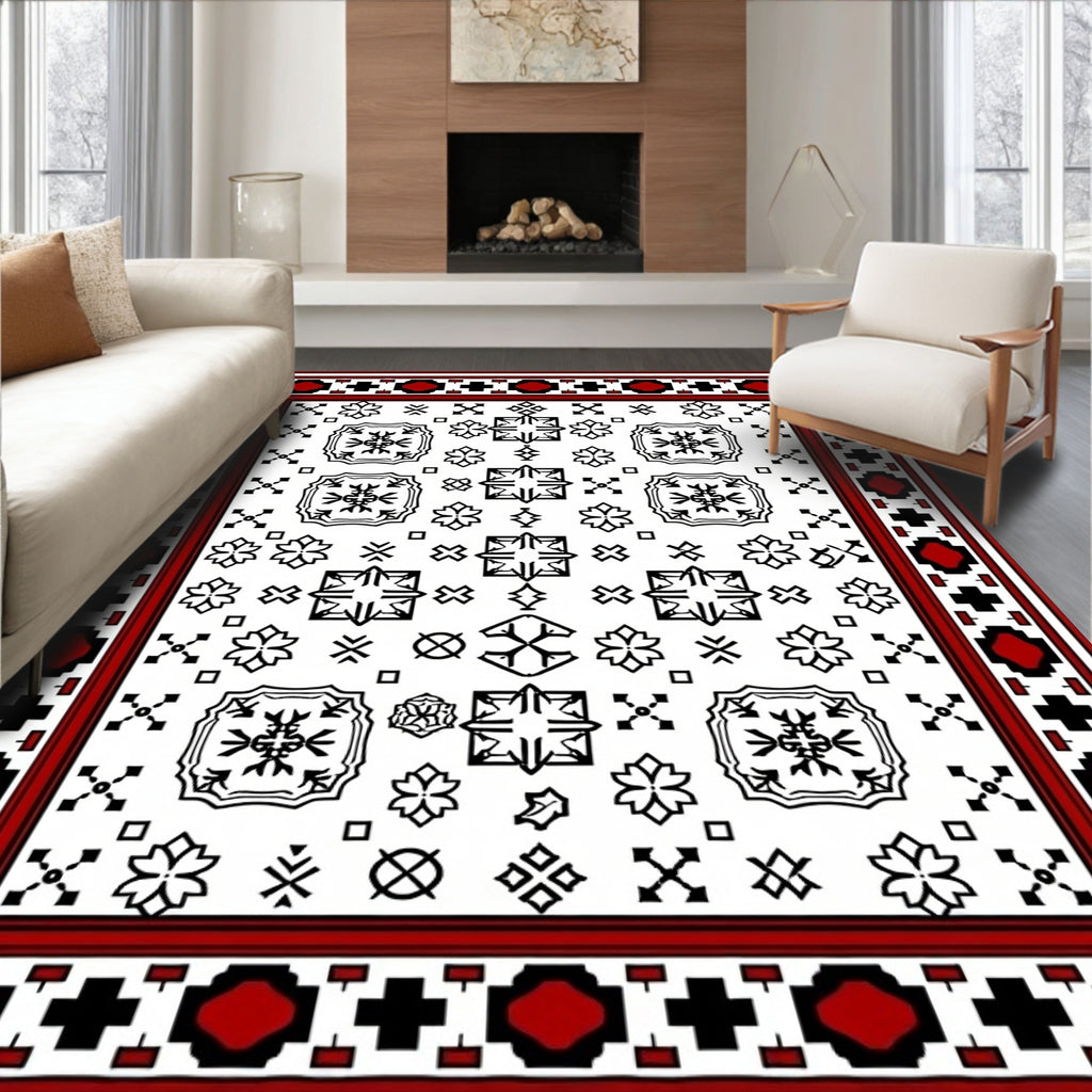 Red Black White Geometric Floral Pattern Rug
