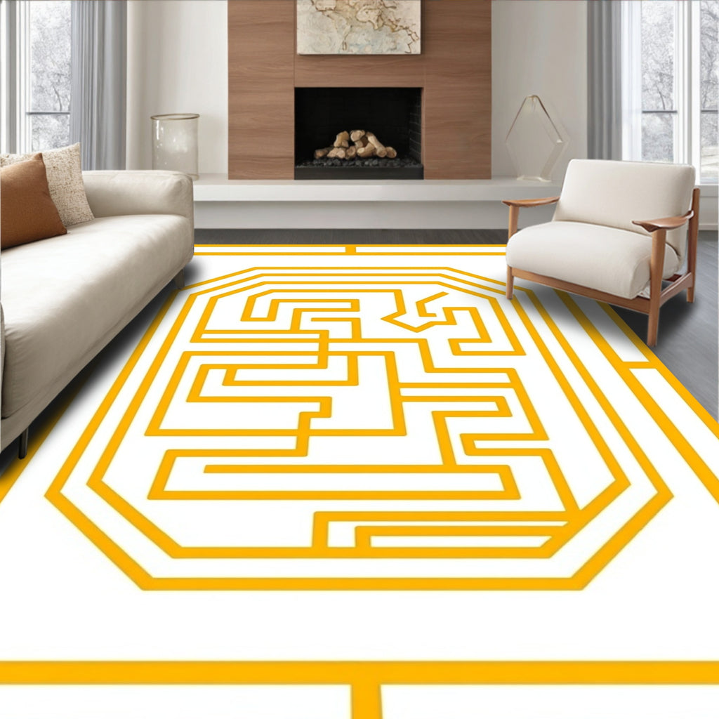 Golden Maze Patterned Geometric Design Rug