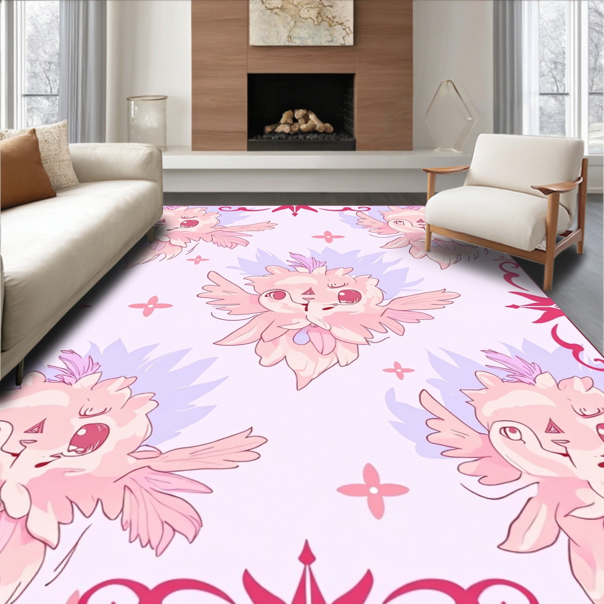 Cute Pink Creature Floral Pattern Rug