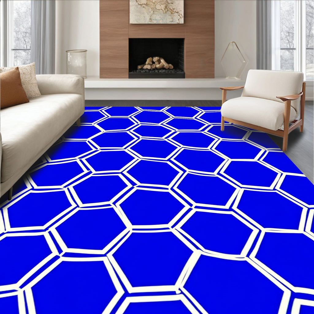 Hexagonal Pattern Blue White Design Rug