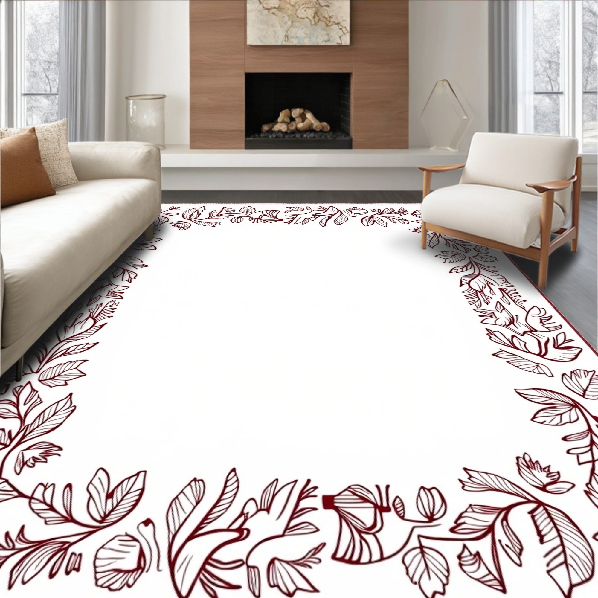 Ornate Floral Border Design With Leaves Rug