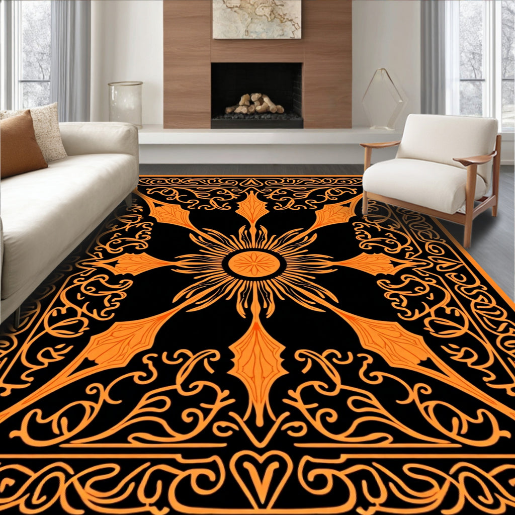 Orange Black Floral Sunburst Pattern Rug